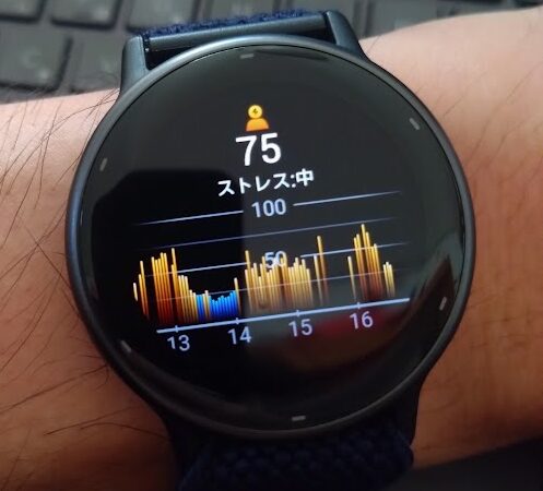 Garminを装着した左腕。文字盤にストレスレベルが表示されている。